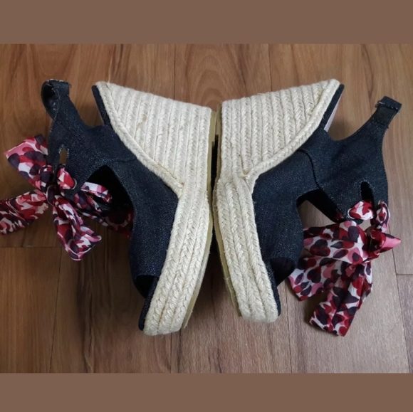 Women's Denim Blue Espadrilles Ribbon Tie Open Toe - Picture 4 of 8